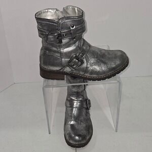 Design by Jacobies Silver Metallic Moto Ankle Boot PISA-30 Buckle Strap  6.5